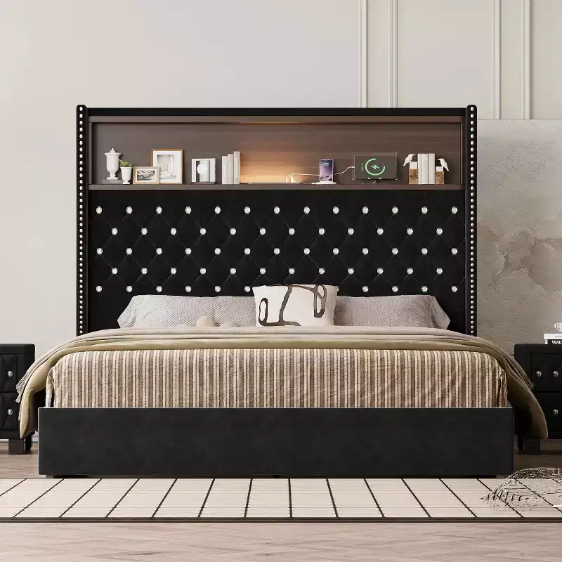 MAYEERTY Queen Size Velvet Tufted Bed with Port Night Light 52 HIgh Headboard with Rivet Decor Headboard Shelf for Bedroom Black