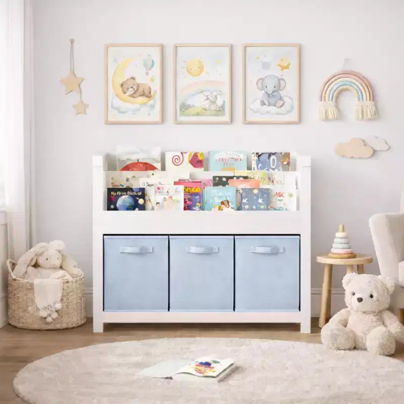 Kids Bookshelf with 3-Tier Front-Facing Book Display and 3 Fabric Bins, Toddler Bookcase and Toy Storage Organizer for Playroom, White