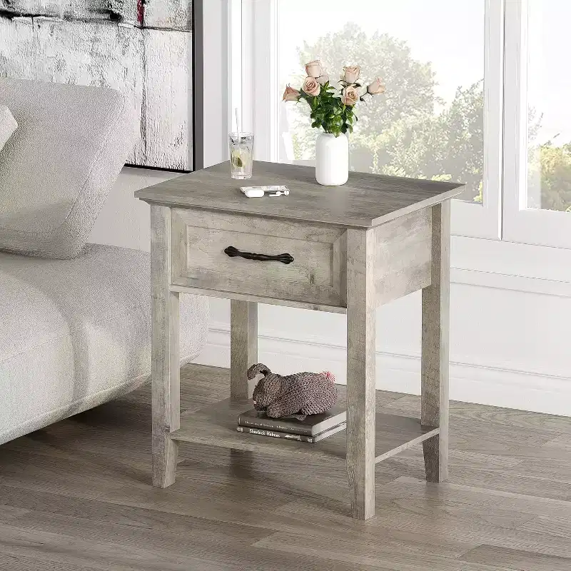Nightstand with Wood Bedside Table 1 Drawer, Open Storage Shelf, Industrial Side Table, Narrow White Nightstand, Versatile for Bedroom,Small Spaces
