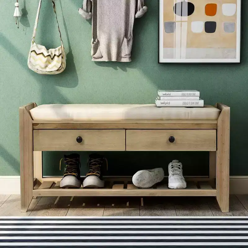 Solid Wood Shoe Storage Bench with 2 Drawers & Cushion, Multipurpose Entryway Organizer with Grid Rack Base, Gray Wash