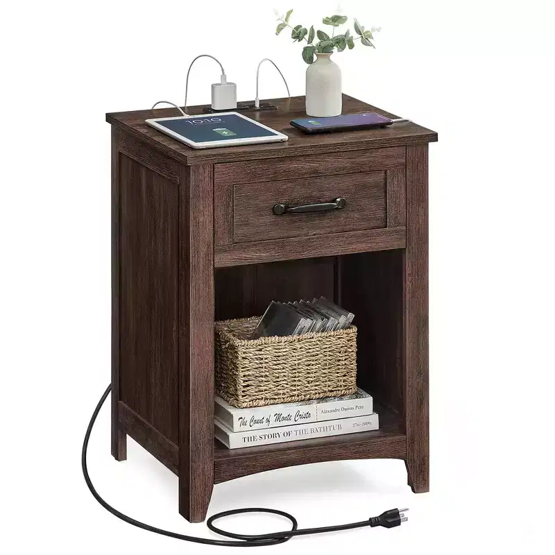 VASAGLE Farmhouse Nightstand with Charging Station, Bedside Table with Drawer for Bedroom