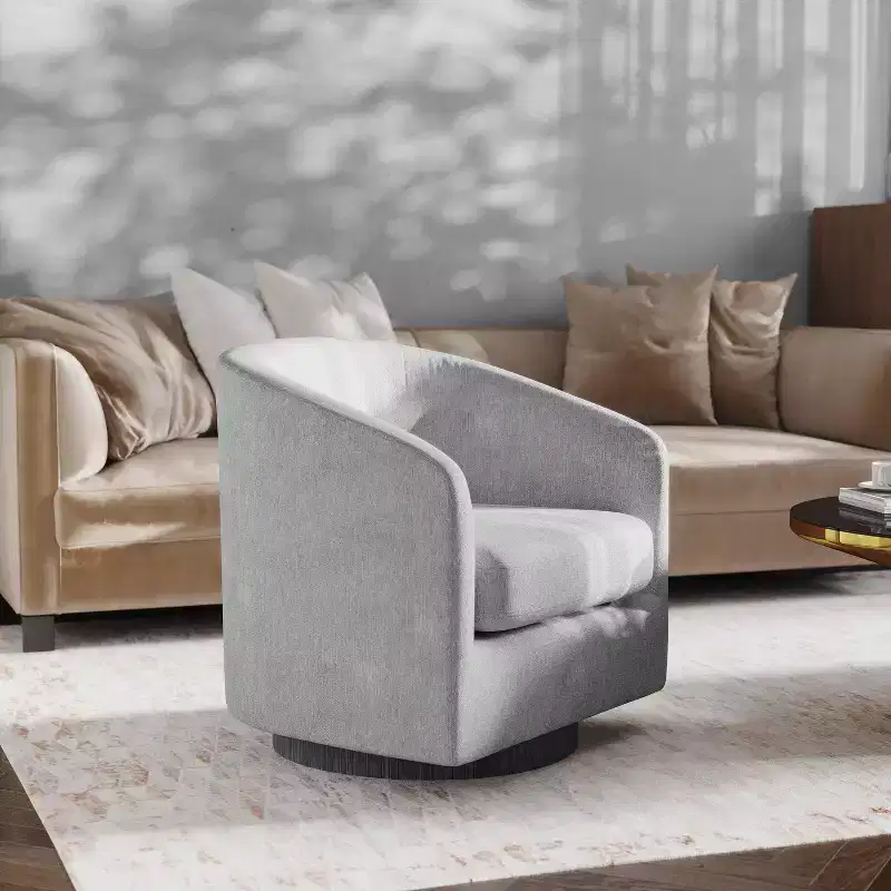 Emma and Oliver Upholstered Club Style Barrel Accent Chair with 360 Degree Swivel Vinyl Wrapped Base and Sloped Armrests
