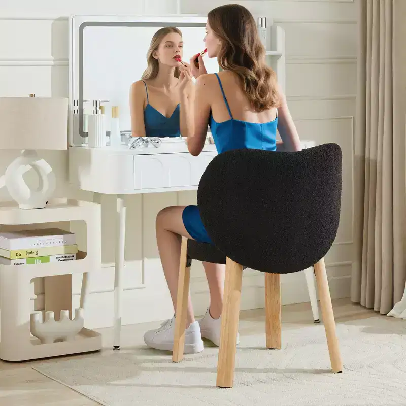 Plush Teddy Fabric Vanity Chair with Back, Rolling Upholstered Accent Chair, Armless