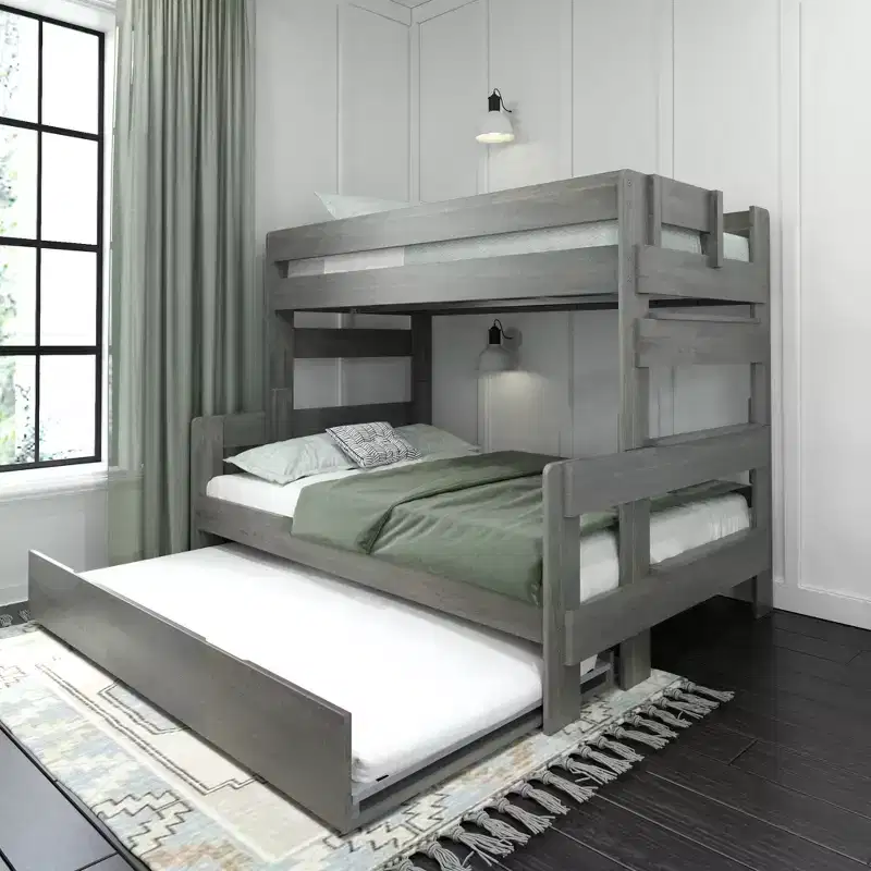 Farmhouse Twin over Full Bunk Bed with Trundle - Solid Pine, Barnwood Finish, 400 lb Capacity