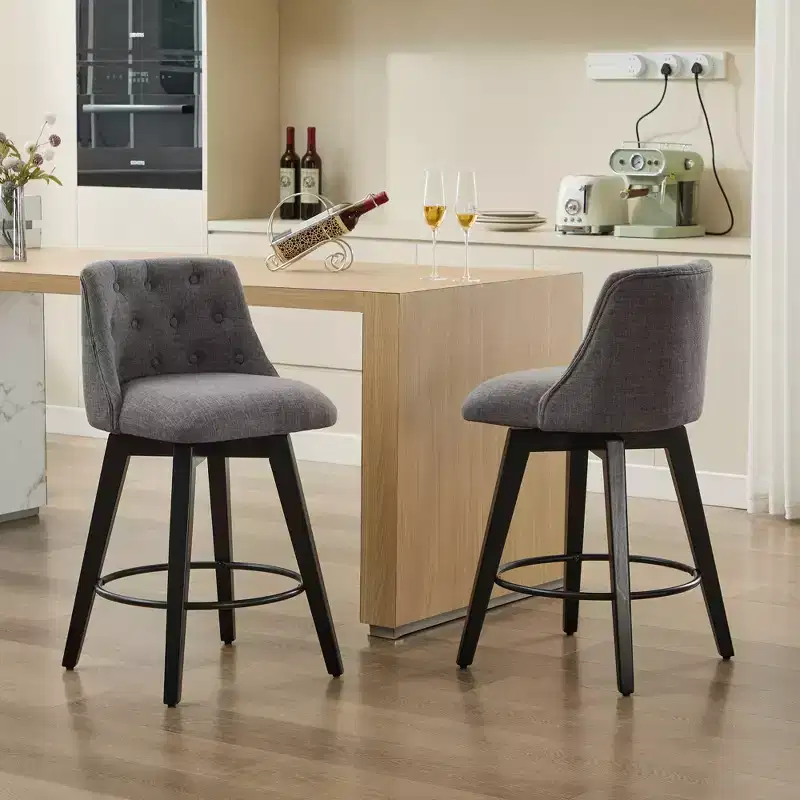 Set of 2 Swivel Bar Stool, Linen Upholstered Counter Stool with Button Tufted Back, Dining Chair Pub Stool, White/Dark Gray-Modernluxe
