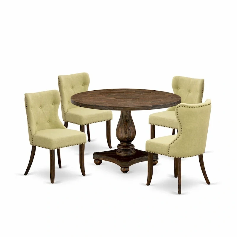 Distressed Jacobean Round Dining Table Set, Limelight Linen Chairs, 5 or 7-Piece