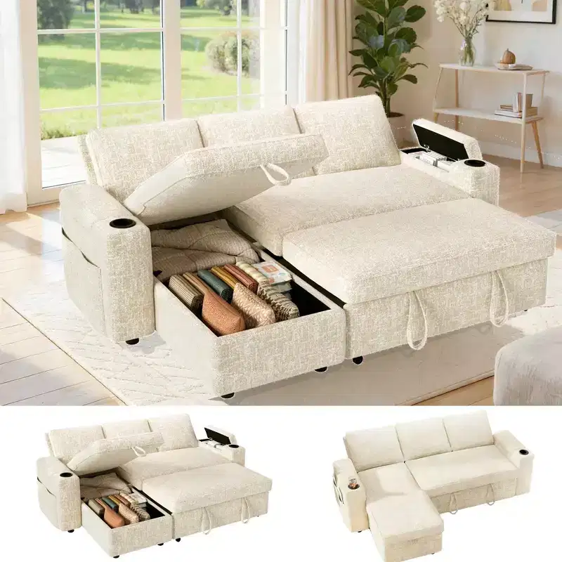 Dyonery 82 Sleeper Sofa Bed, 3-in-1 L-Shaped Reclining Couch with Reversible Storage Chaise, Tool-Free Assembly