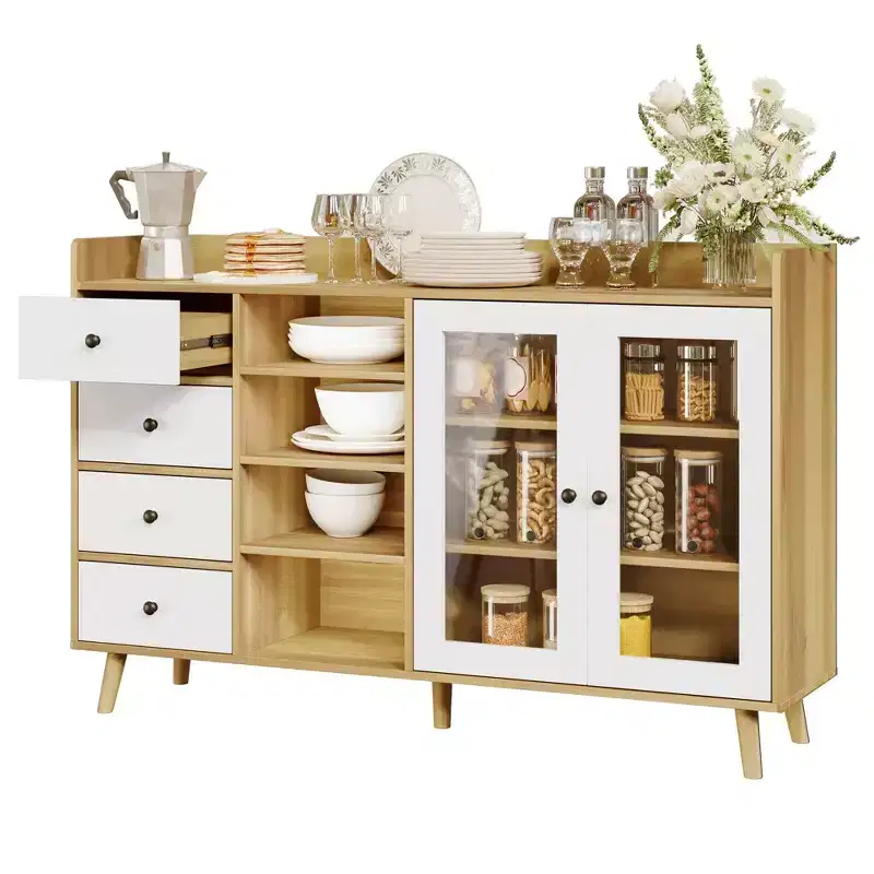 55 Rustic Kitchen Storage Cabinet, Sideboard Cabinet with Drawers - Kitchen Buffet Cabinet with Glass Doors & Adjustable Shelves