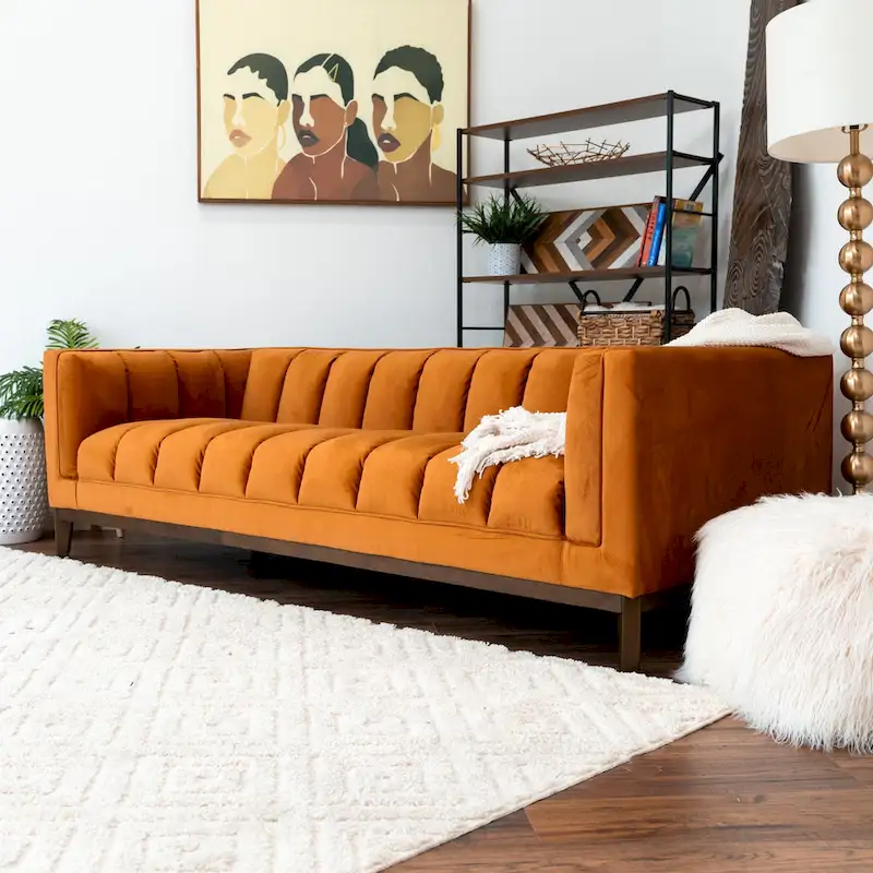 Mid-Century Modern 2-Seater Sofa | Velvet & Boucle | Green / Ivory / Orange