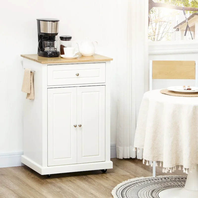 Rolling Adjustable Shelf Kitchen Island with Drawer and 2 Towel Racks