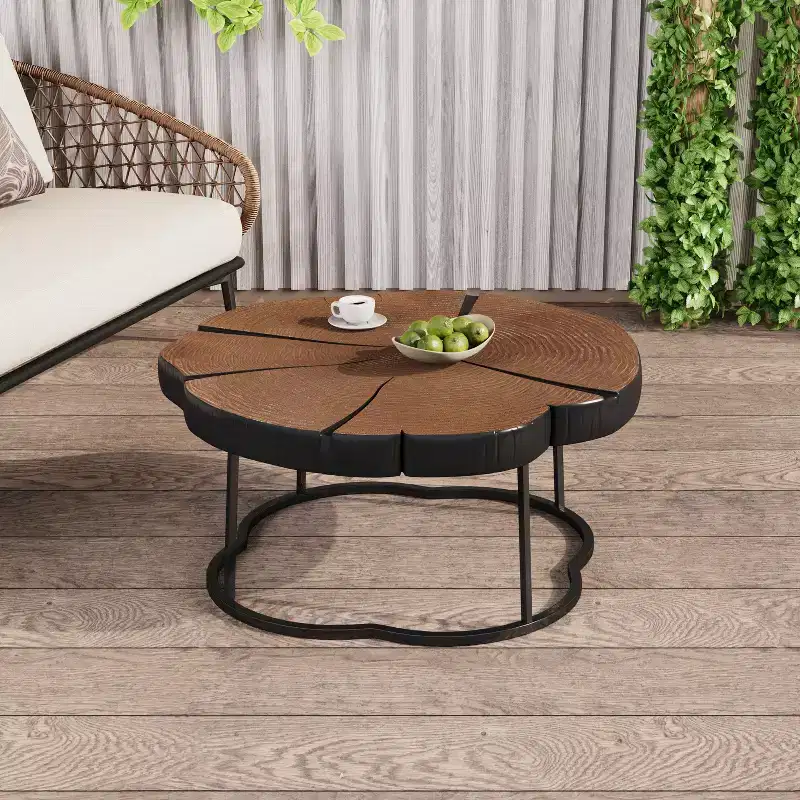 Modern Retro Coffee Table Center Table with Metal Legs, Solid Wood Table Top with Carving Pattern - ModernLuxe