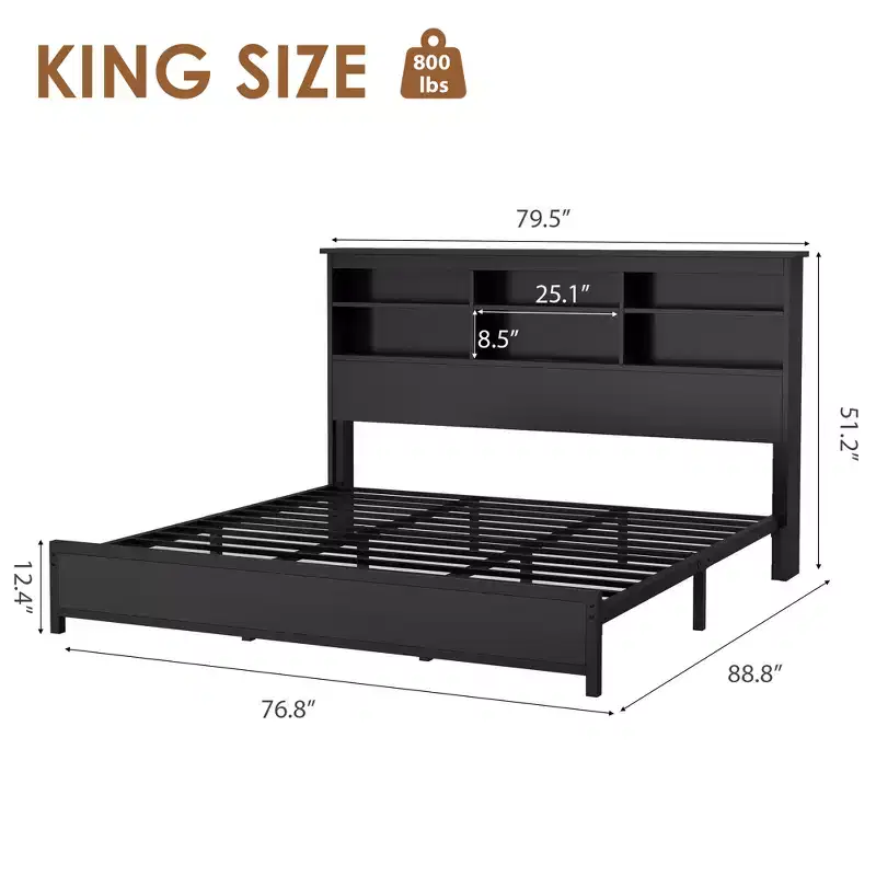 King Size Bed Frame with Bookcase Headboard, King Platform Bed with 2-tier Storage & Charging Station, No Box Spring Needed Easy AssembleBlack