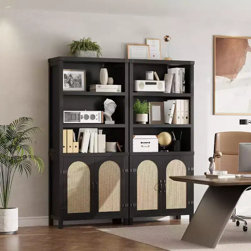 70 High Bookcase, 5-Tier Double-Width Bookcase with Doors and Adjustable Shelves, Wooden Display Cabinet with Storage for Living Room, Office, Brown