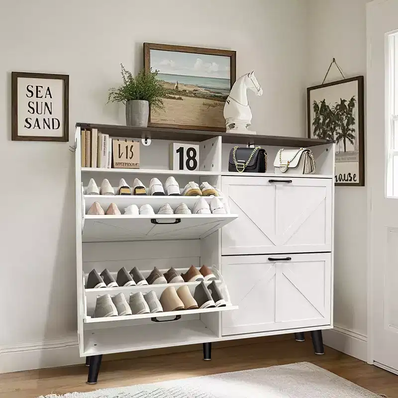 Shoe Storage, Freestanding Shoe Cabinet Storage with 4 Flip Drawers and Barn Door Design, Slim Narrow Shoe Rack Dresser, Shoe Organizer