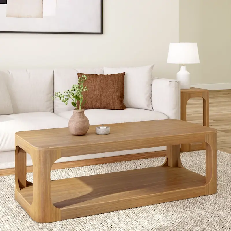 Solid Pine Wood Rectangular Coffee Table with Bottom Shelf – Pecan / Walnut, 1-Unit