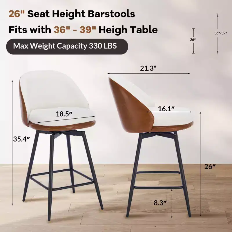 GustoWave Modern Upholstered Swivel Bar Stools Set of 2, 26 Swivel Barstools with Metal Legs, Faux Leather Counter Bar Chairs