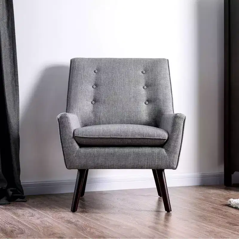Center Button Tufted Accent Chair Gray - Mid-Century Modern, Linen Upholstery, Espresso Wood Legs