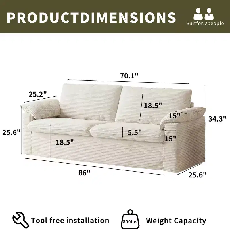 Dyonery 86 Cloud Loveseat Sofa,Beige Corduroy Love Seat Couches for Living Room Deep Seat,Wide Armrest Pillows,Sturdy Frame Ergonomic Design