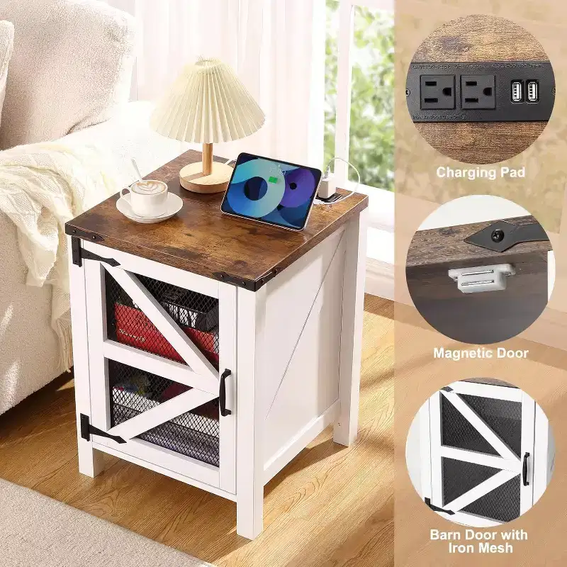 COZONY Set of 2 Nightstands with Charging Station and Barn Door Storage, Farmhouse End Table Sofa Side Table for Bedroom, Living Room