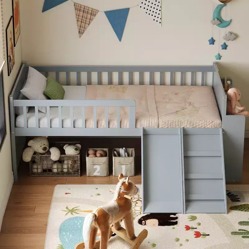 Bellemave Twin Bed Frame with Storage Shelf, Wooden Platform Bed with Slide & Ladder, Guardrail, No Box Spring Needed, Easy Assembly, Multiple Colors