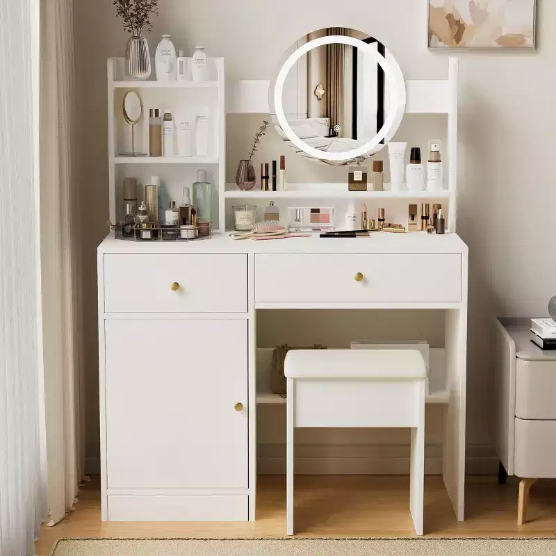 Elegent Makeup Vanity with Cushioned Chair, Vanity Table with Round Mirror and Ample Storage, Makeup Desk for Living Room, Bedroom, White