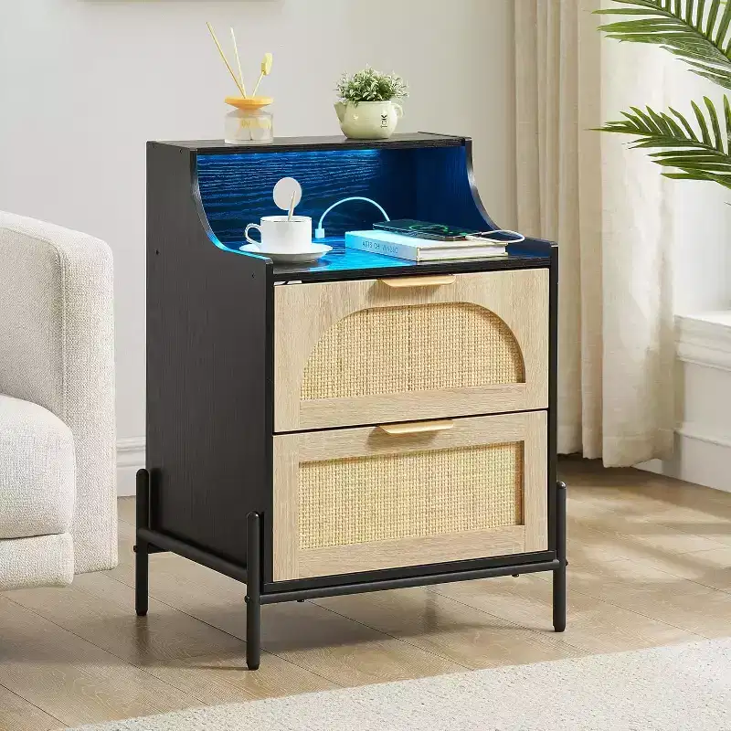 Rattan Nightstand with Charging Station & LED Lights, 2 Drawer Bedside Table for Bedroom, Living Room, Black