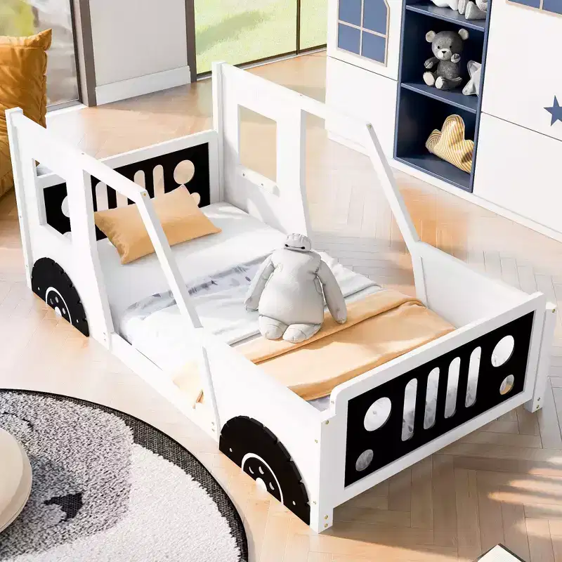 Twin/Full Platform Bed Frame with Wheels Classic Car-Shaped Bed with Rails for Kids Noise-Free Strong Wood Slats Easy Assembly, White
