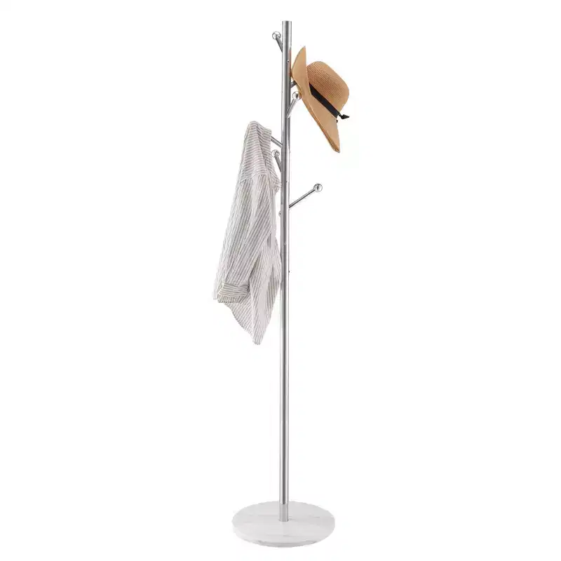 Freestanding Coat Rack with Marble Base and 8 Hooks, Modern Stainless Steel Hall Tree for Entryway