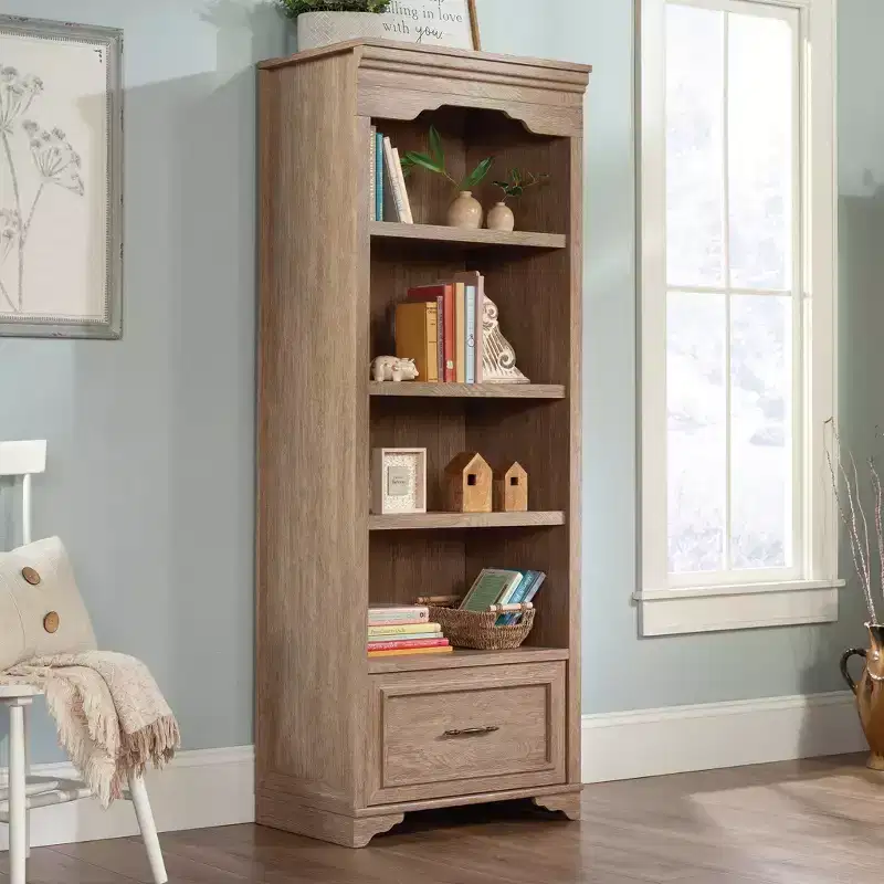 Sauder 72" Rollingwood Country 4 Shelf Bookcase Brushed Oak: Storage Unit with Adjustable Shelves & Drawer