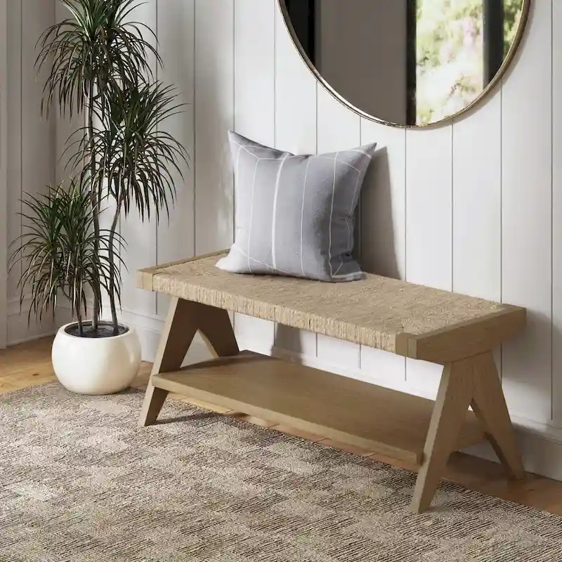 Beacon Bohemian Bench Seat with Shoe Storage, Seagrass Entryway or End of Bed Bench with Solid Wood Frame