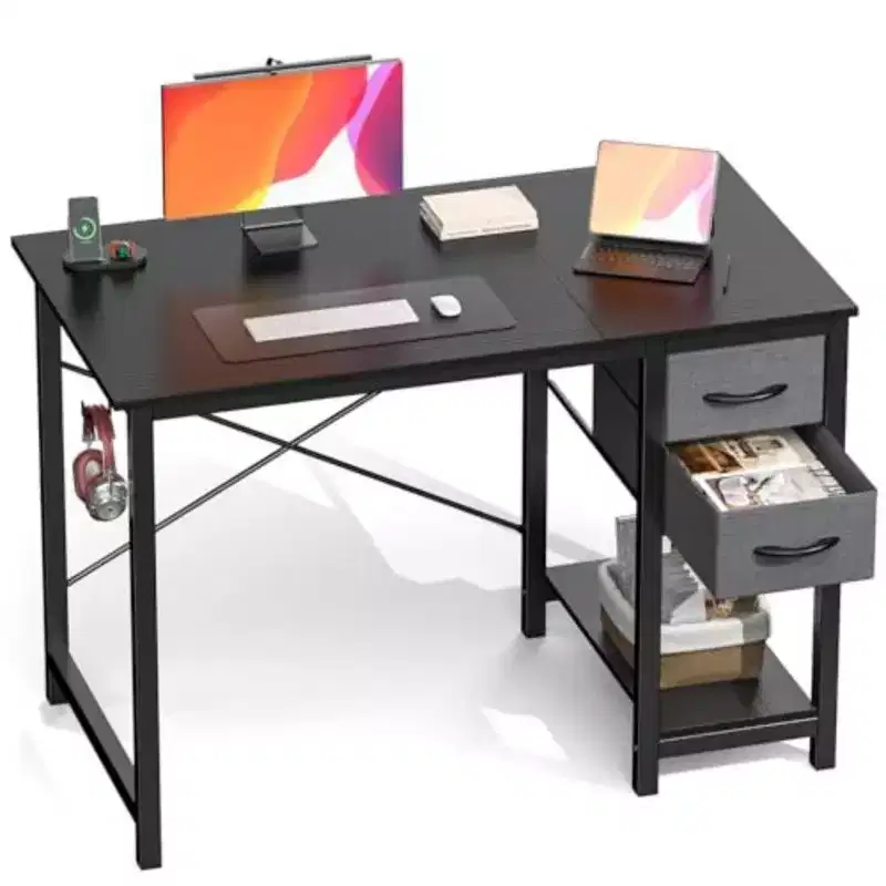 Black / Brown Narrow Writing Desk with 2 Fabric Drawers & Shelf, 40 / 47 Inch, 1-Person