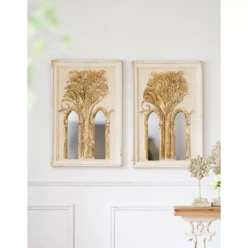 20.1 x 29.9 Inch Mid Century Modern Wall Mirror with Gold Leaf Details Set of 2