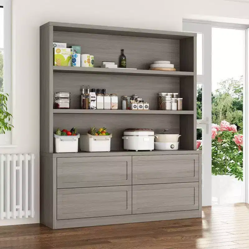 Minimalist Light Gray Kitchen Storage Cabinet,Pantry Organizer,Open Shelves+Drawers for Organized Pantry/ Dining Room