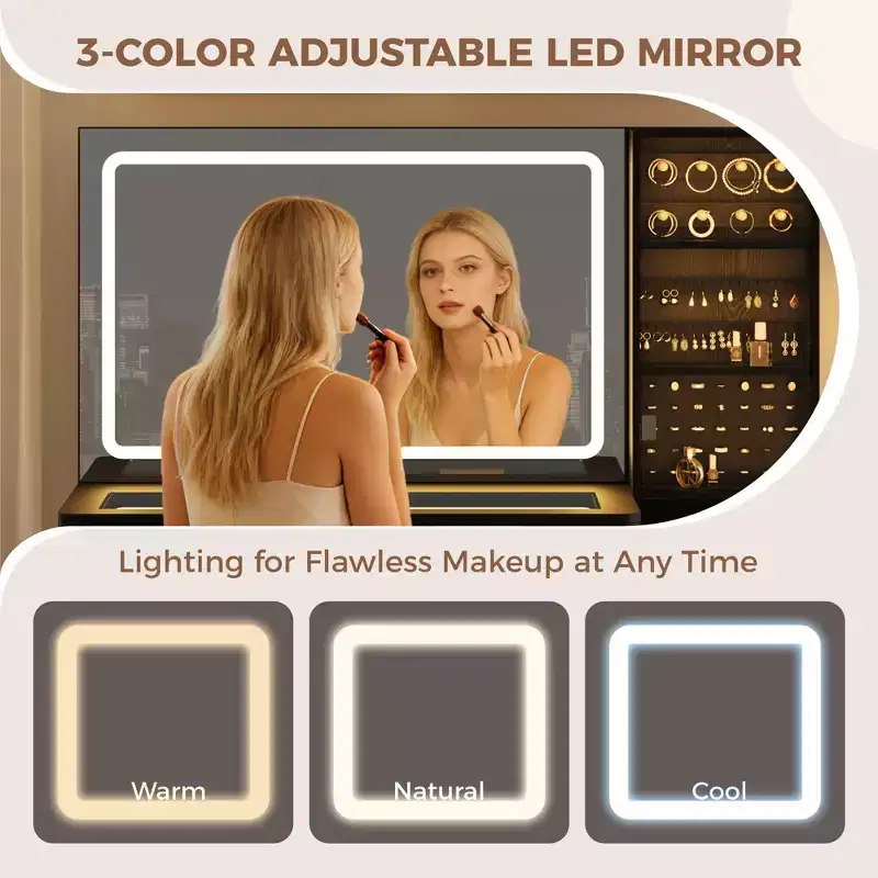 COZONY 48 Fluted Makeup Vanity Desk with Mirror & LED Lights, Charging Station, Cushioned Storage Stool for Bedroom
