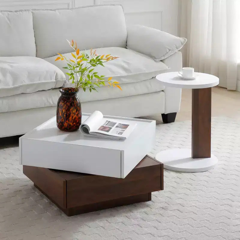 GDFStudio Elliot Wood 24 Square Coffee Table with 2-Drawer and Swivel Tabletop
