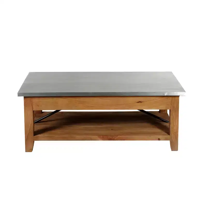 Millwork 48 in. Coffee Table with Lower Shelf, Modern Industrial Style with Silver Zinc Metal Tabletop and Wood Accents