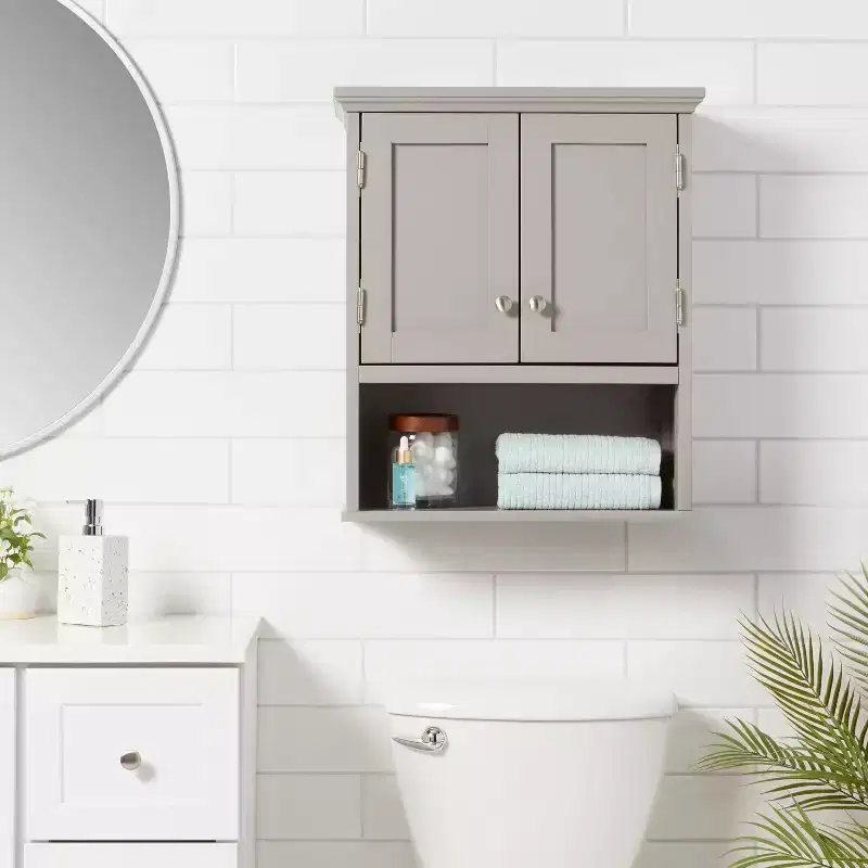 Wood Wall Storage Cabinet with Open Shelves and Door - Gray
