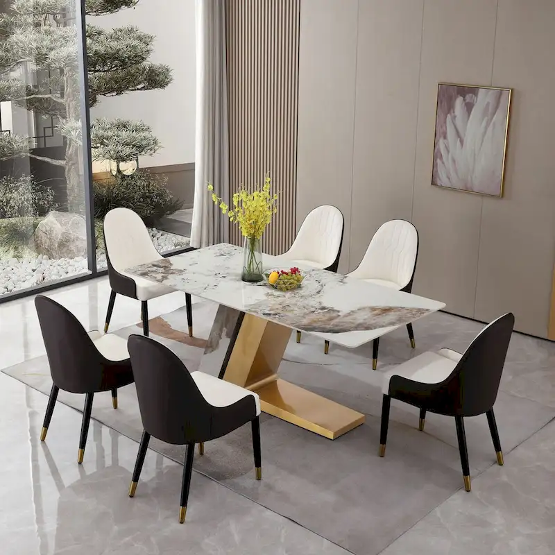 71in Contemporary Gold Marble Dining Table with 6 pcs Chairs