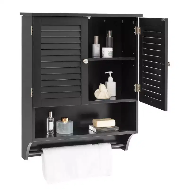 Bathroom Wall Mounted Medicine Cabinet with Louvered Doors & Towel Bar