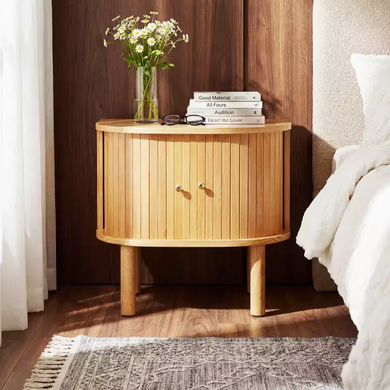 Modern Scandinavian Curved Wood Nightstand with Sliding Slatted Doors