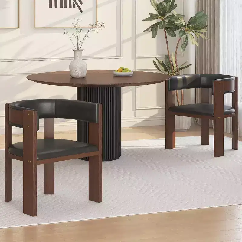 Mid Century Solid Wood Dining Chairs , PU Leather Upholstered Accent Chairs with Curved Backrest, Rubber Wood Fram - Brown&Dark Grey
