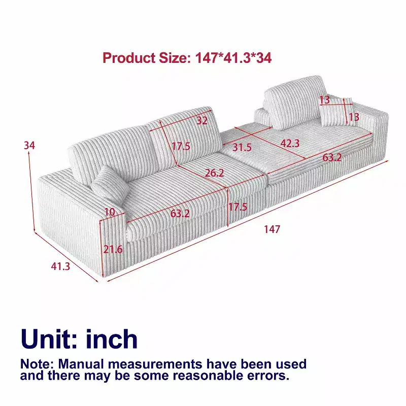 114.5'' Modular Corduroy L-Shaped Sofa with Recliner, 2-in-1 Convertible Floor Couch with Foam Cushions and Neck Support Pillows for Living Room