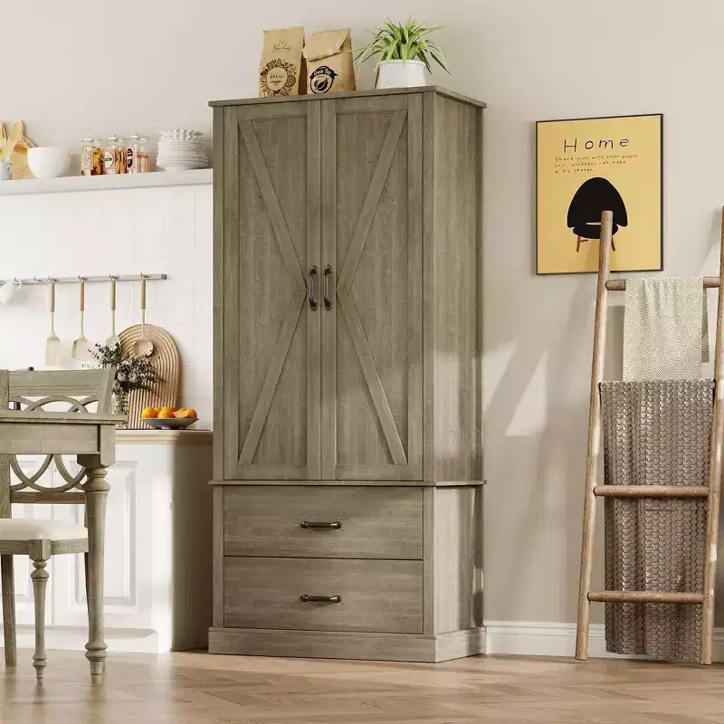 Kitchen Pantry Cabinet with 2 Drawers, Barn Door Storage Cabinet with Adjustable Shelves