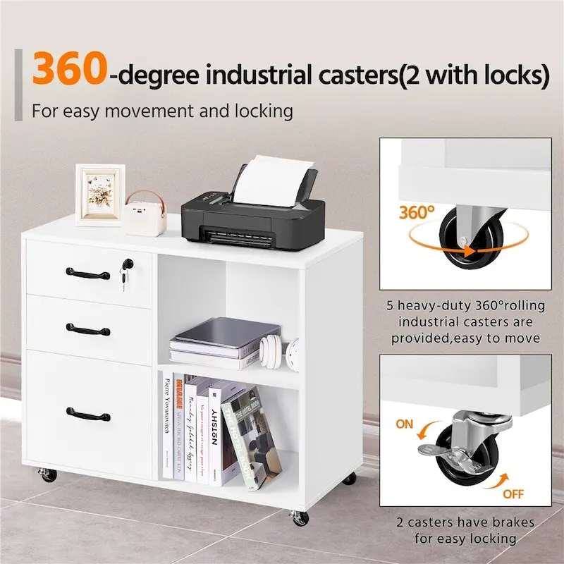 Rolling File Cabinet on with 3 Drawers and 2 Shelves