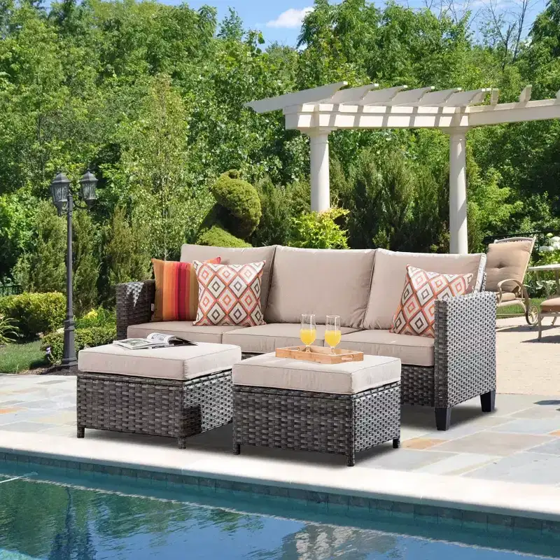 HOMLUX 3-Seater Patio Seating Conversation Sets, Outdoor Couch Wicker Sofa Set for Balcony Patio Garden