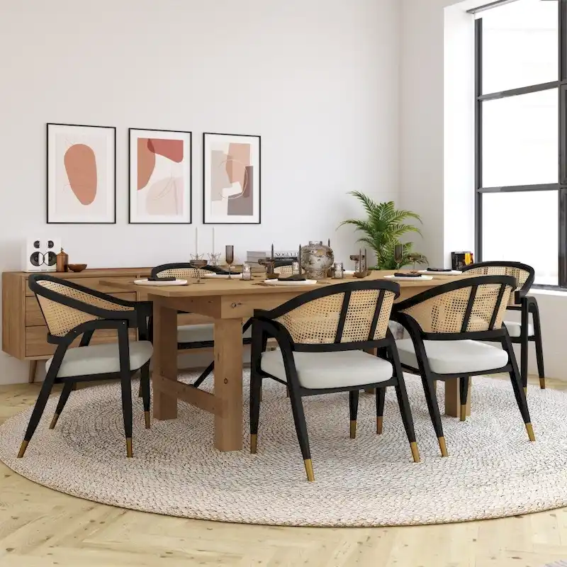 Cane Rattan Woven Back Dining Chair with Upholstered Seat