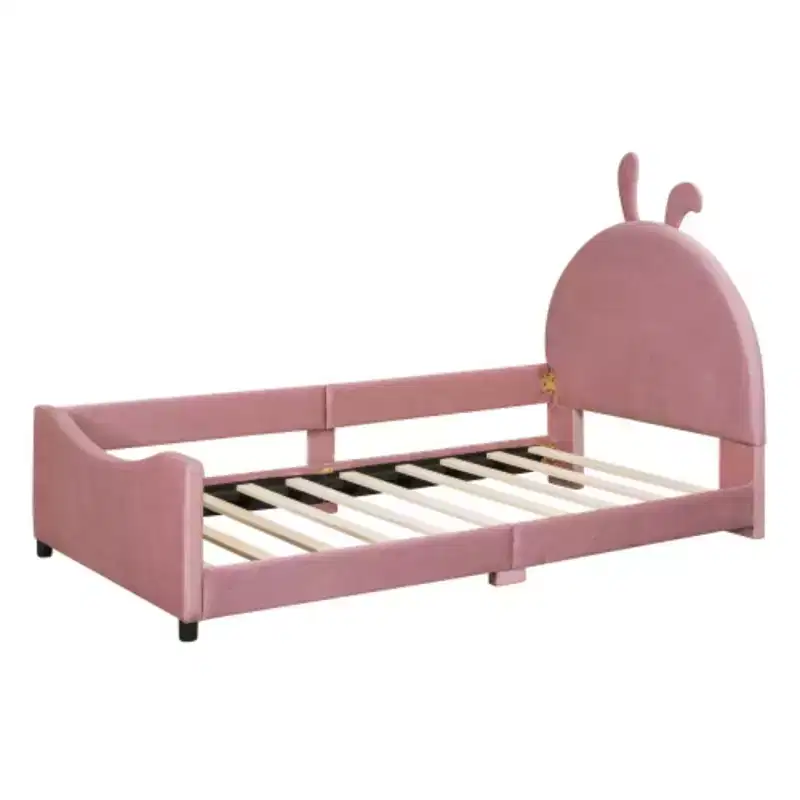 Pink Twin Size Upholstered Daybed with Rabbit Ear Designed Headboard