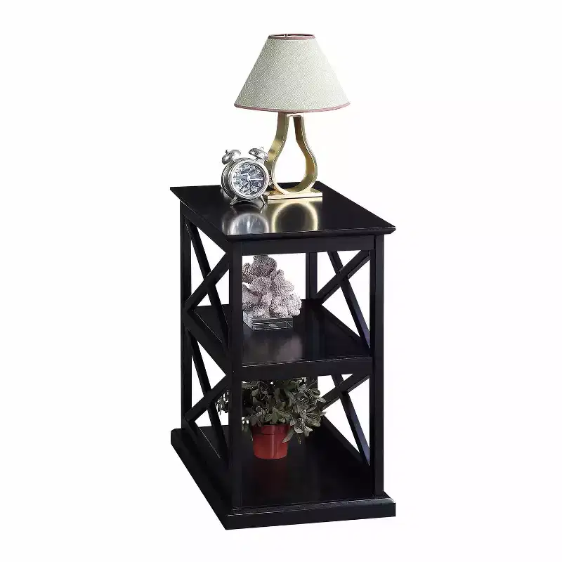 HomeStock Belmont Chairside End Table with Shelves Stylish Double X Frame Three-Tier Storage Accent Table for Transitional Home Dcor