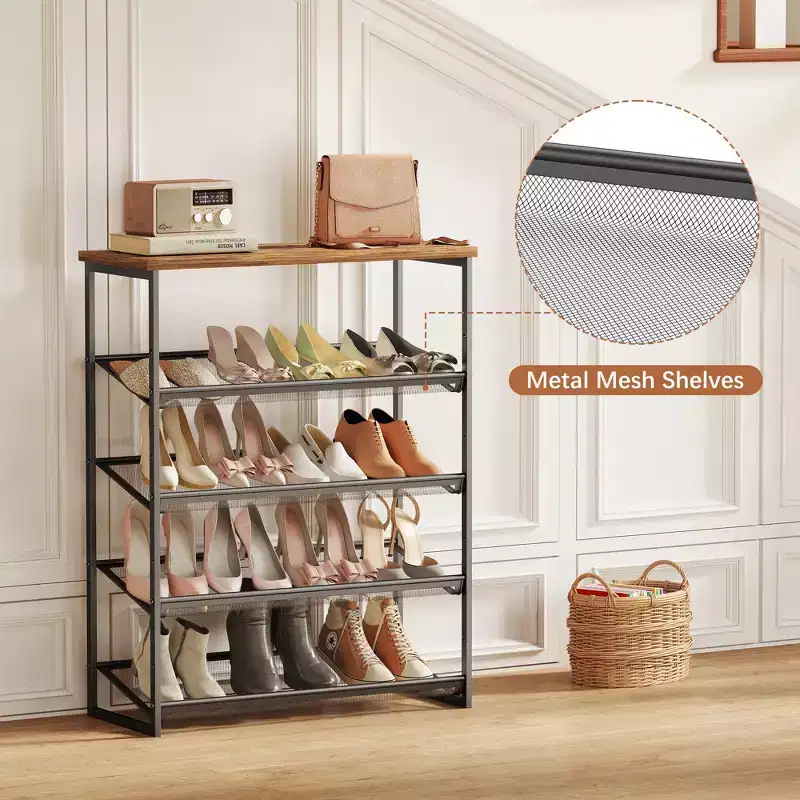 5-Tier Shoe Rack Organizer Industrial Style with Adjustable Shelves for Entryway Closet Hallway
