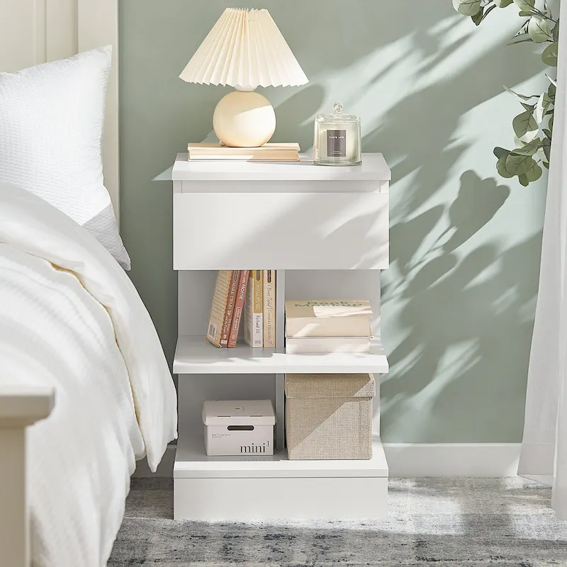 White Side Table with 1 Drawer & 2 Shelves, for 1 Person